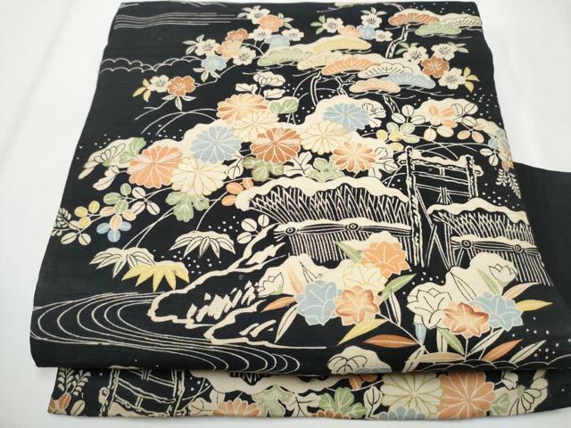 平和屋着物●アンティーク　大正ロマン　全通柄　九寸名古屋帯　駒刺繍　風景草花文　黒地　引き抜き帯　正絹　逸品　CABA0879hy