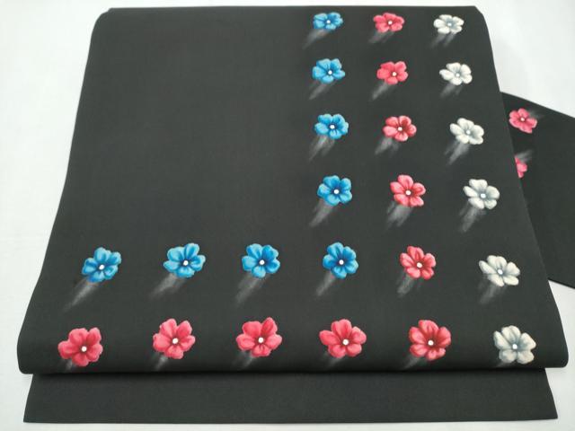 平和屋着物●塩瀬　九寸名古屋帯　舞花文　黒地　正絹　逸品　CABA0882hy