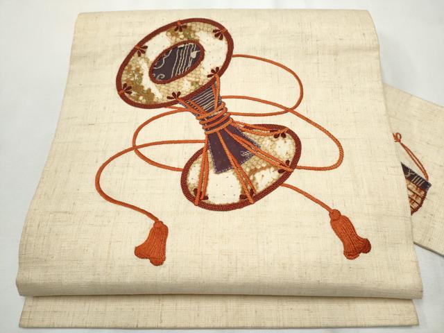 平和屋着物●九寸名古屋帯　生紬　刺繍　パッチワーク　鼓花文　正絹　逸品　CABA0902hy