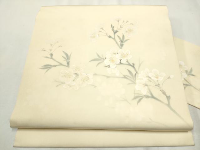 平和屋着物●塩瀬　九寸名古屋帯　手描き　枝梅文　正絹　逸品　CABA0904hy