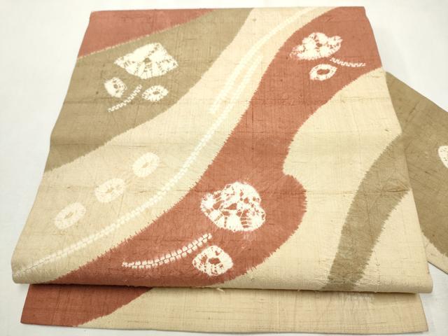 平和屋着物●九寸名古屋帯　生紬　絞り　枝花文　正絹　逸品　CABA0908hy