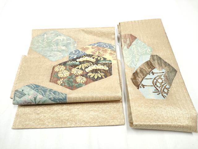 平和屋着物▽スリーシーズン　春夏秋　つけ帯　すくい織　飛鶴草花文　金銀糸　正絹　逸品　CABA0949hy