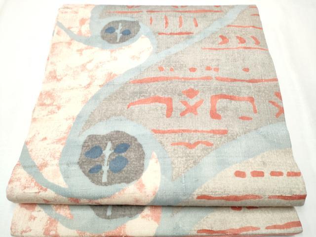 平和屋着物●九寸開き名古屋帯　生紬　型染め　幾何学文様　正絹　逸品　CABA1050hy