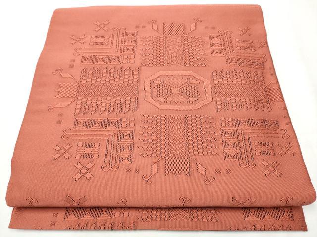 平和屋着物●爪掻き本綴れ　八寸名古屋帯　幾何学花文　甚三紅色　正絹　逸品　CABA1053hy