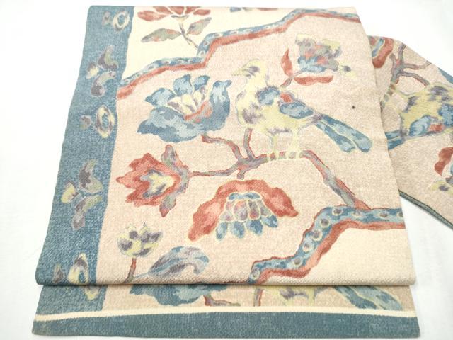 平和屋着物●全通柄　九寸名古屋帯　休み鳥更紗花文　鬼しぼ縮緬　正絹　逸品　CABA1060hy