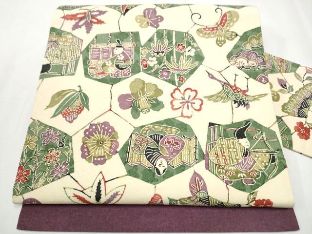 平和屋着物●九寸名古屋帯　紬地　型染め　人物風景飛鶴草花文　正絹　逸品　CABA1079hy