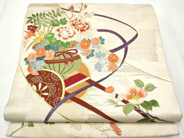 平和屋着物●アンティーク　大正ロマン　丸帯　総刺繍　花車文　金糸　正絹　逸品　CABA1136hy