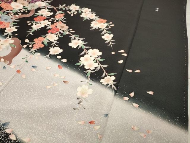 平和屋着物○豪華振袖 枝桜文 暈し染め 黒地 金彩 正絹 逸品