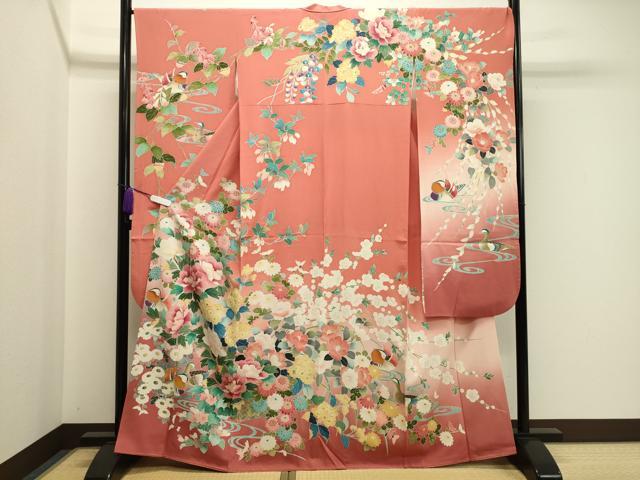 平和屋着物●豪華振袖　友禅　鴛鴦花文　暈し染め　正絹　逸品　CABA1298gh