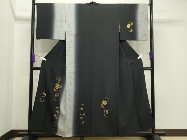 平和屋着物●訪問着　駒刺繍　雪輪重ね草花文　暈し染め　黒地　金彩　正絹　逸品　CABA1339gh