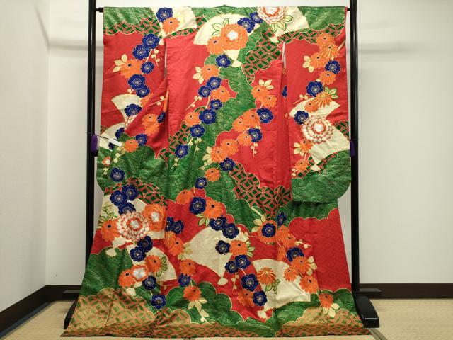 平和屋着物●豪華振袖　駒刺繍　雲重ね扇面梅花文　金彩　正絹　逸品　CABA1480gh