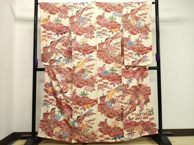 平和屋着物●小振袖　二尺袖　型染め　鶴松竹梅文　正絹　逸品　CABA1524gh