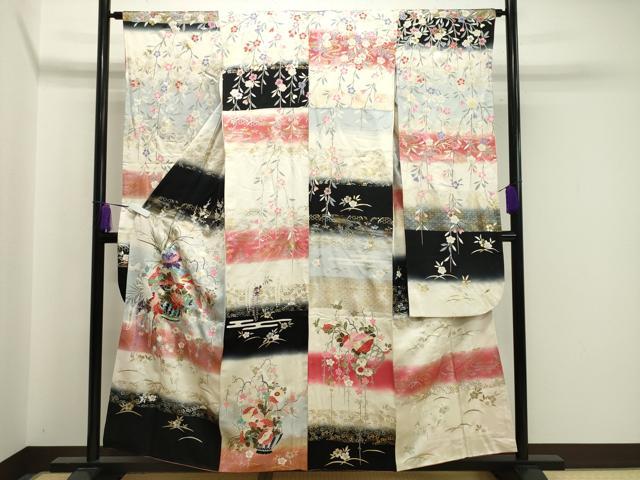 平和屋着物●豪華振袖　駒刺繍　花籠文　暈し染め　金銀彩　正絹　逸品　CABA1549gh