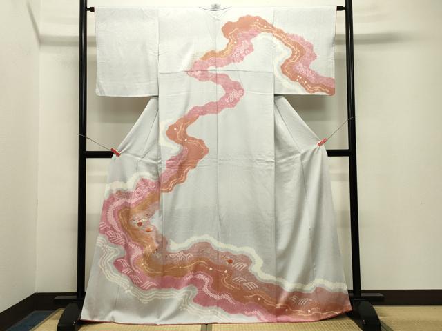 平和屋着物●訪問着　絞り　刺繍　流水草花文　金彩　正絹　逸品　CABA1599gh
