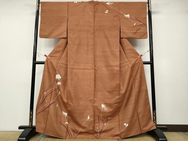 平和屋着物●訪問着　友禅　作家物　紬地　草花文　正絹　逸品　CABA1627ut