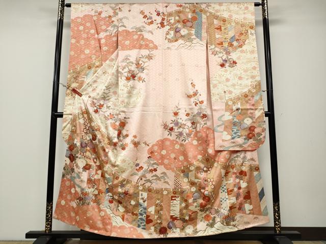 平和屋着物●豪華振袖　駒刺繍　屏風草花文　暈し染め　金彩　正絹　逸品　CABA1674ut