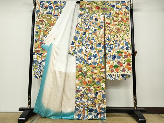 平和屋着物●豪華振袖　駒刺繍　エ霞草花文　金彩　ますいわ屋扱い　正絹　逸品　CABA1732ut 平和屋着物○豪華振袖 駒刺繍 エ霞草花文 金彩 ますいわ屋