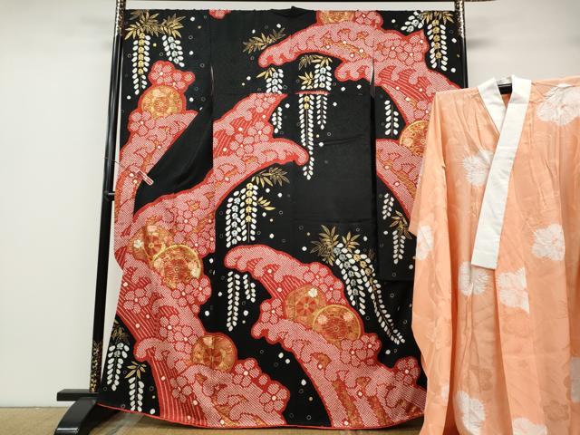 平和屋着物●豪華振袖・長襦袢セット　駒刺繍　絞り　源氏車花文　黒地　金彩　正絹　逸品　CABA1811ut