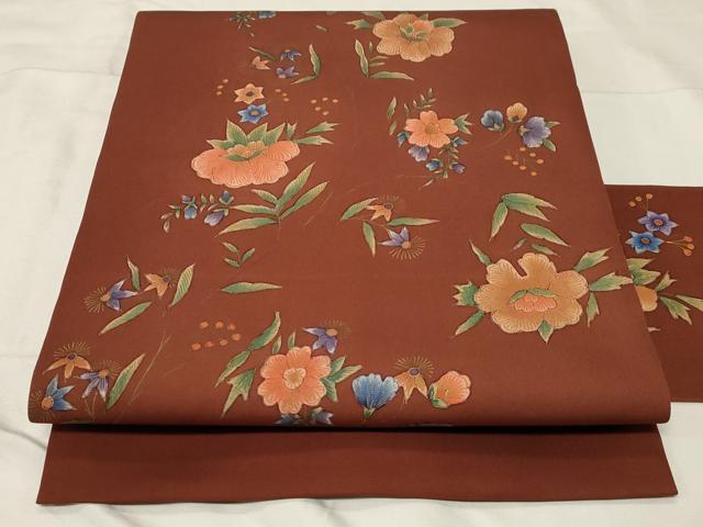 平和屋着物●塩瀬　九寸名古屋帯　草花文　金彩　正絹　逸品　CABA2181dy