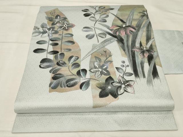 平和屋着物●九寸名古屋帯　手描き　草花文　正絹　逸品　CABA2189dy