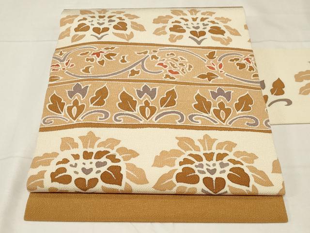 平和屋着物●九寸名古屋帯　型染め　横段更紗花文　鬼しぼ縮緬　正絹　逸品　CABA2192dy