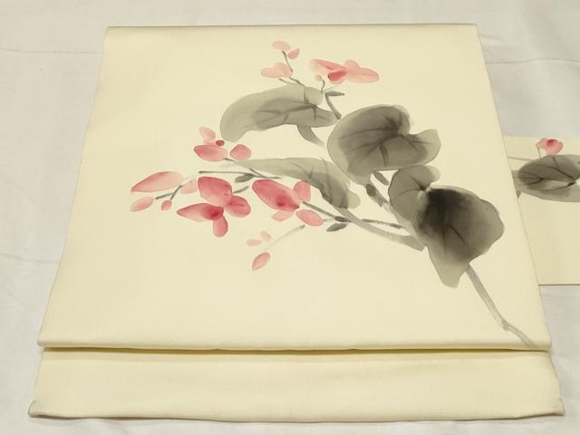 平和屋着物■極上　夏物　絽塩瀬　九寸名古屋帯　草花文　黒地　金彩　逸品　CZAA4368s5 平和屋着物○塩瀬 九寸名古屋帯 駒刺繍 御所車花文 黒地 金彩 正絹