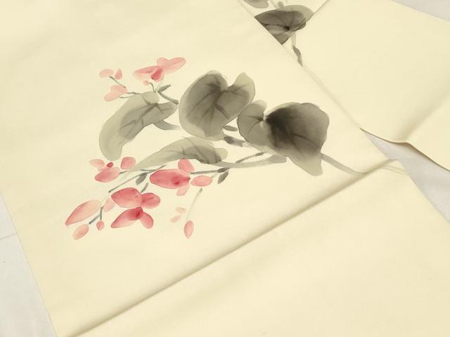 平和屋着物○塩瀬 九寸名古屋帯 作家物 手描き 草花文 正絹 逸品
