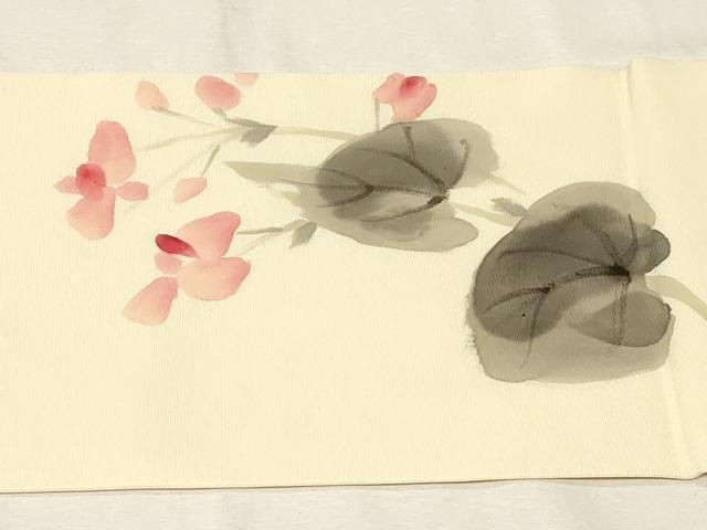 限定‼️激安‼️絹製塩瀬　九寸名古屋帯　作家物　手描き　草花文　正絹 平和屋着物○塩瀬 九寸名古屋帯 作家物 手描き 草花文 正絹 逸品