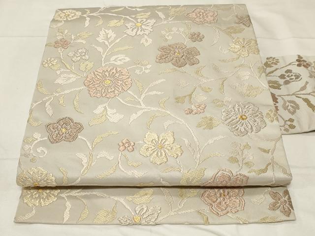 平和屋着物●九寸名古屋帯　唐織　草花文　金糸　正絹　逸品　CABA2198dy