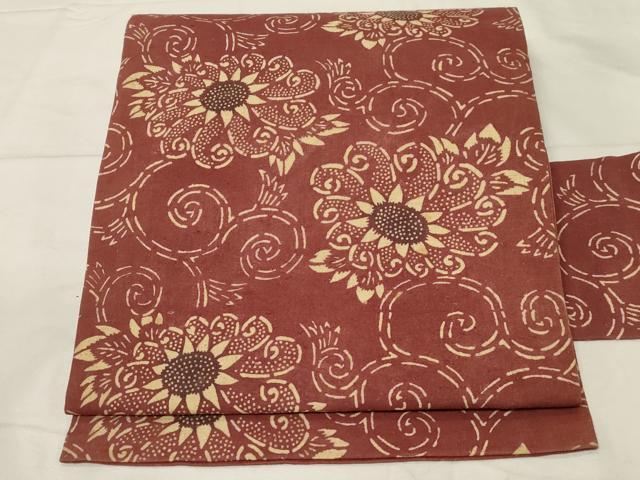 平和屋着物●全通柄　九寸名古屋帯　紬地　型染め　花唐草文　正絹　逸品　未使用　CABA2211dy