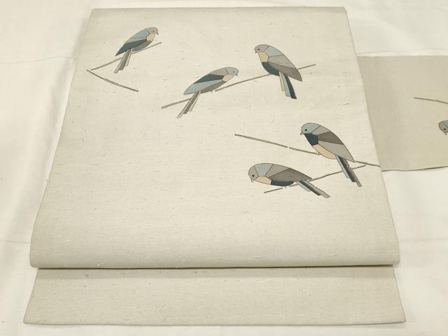 平和屋着物●九寸名古屋帯　手描き　紬地　休み鳥文　正絹　逸品　CABA2215dy