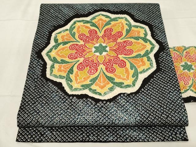 平和屋着物●名門　藤娘きぬたや・総絞り　九寸名古屋帯　正倉院花文　黒地　正絹　逸品　CABA2219dy