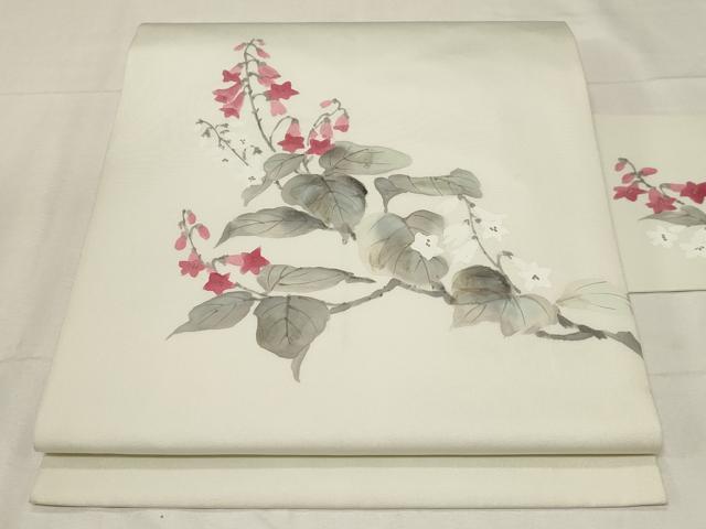 平和屋着物●塩瀬　九寸名古屋帯　作家物　手描き　草花文　金彩　正絹　逸品　CABA2220dy