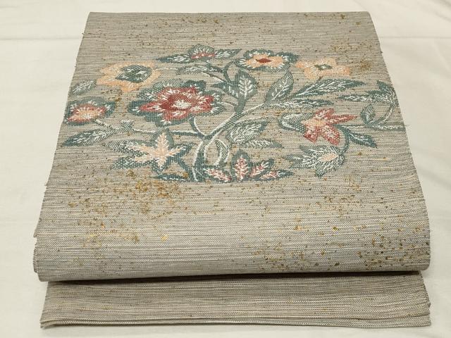 平和屋着物●八寸名古屋帯　紬地　草花文　金彩　正絹　逸品　CABA2249dy