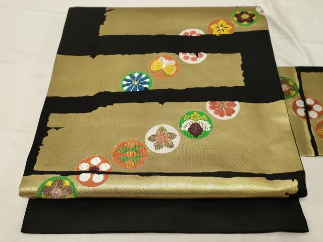 平和屋着物●西陣　川島織物　九寸名古屋帯　唐織　花蝶丸文　黒地　金彩　正絹　逸品　CABA2260dy