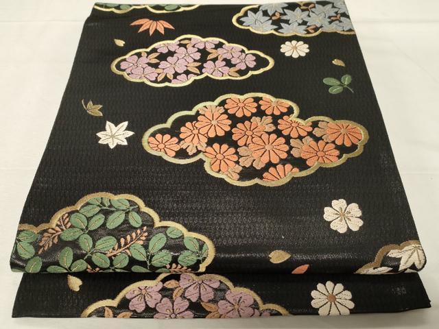 平和屋着物●ファッションデザイナー 花井幸子　六通柄袋帯　唐織　雲取草花文　黒地　金糸　正絹　逸品　CABA2271dy