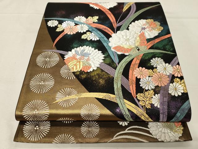 平和屋着物●西陣　六通柄袋帯　花蝶文　金銀糸　引箔　正絹　逸品　CABA2274dy