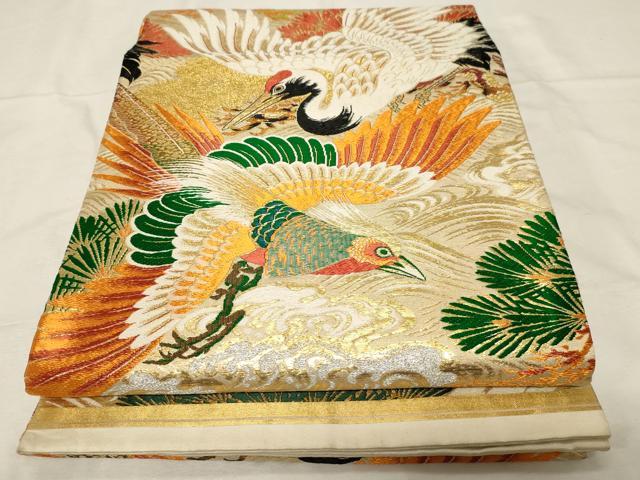 平和屋着物●アンティーク　丸帯　唐織　鶴　尾長鳥　金銀糸　正絹　逸品　CABA2357dy