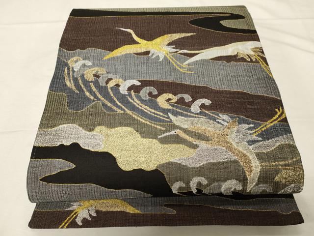 平和屋着物▽スリーシーズン　春夏秋　六通柄袋帯　すくい織　立波飛鶴文　金銀糸　正絹　逸品　未使用　CABA2325dy