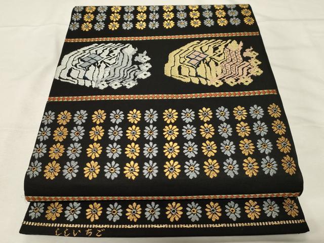 平和屋着物●六通柄　本袋帯　唐織　ししいちご　黒地　金糸　関西仕立て　正絹　逸品　CABA2334dy