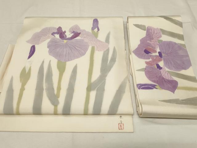 平和屋着物●塩瀬　つけ帯　作家物　手描き　あやめ　正絹　逸品　CABA2351dy