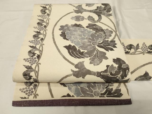 平和屋着物●全通柄　九寸名古屋帯　葡萄蔦の葉文　鬼しぼ縮緬　正絹　逸品　未使用　CABA2364dy