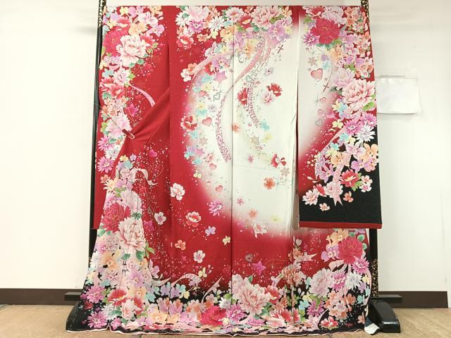 平和屋着物●豪華振袖　ラインストーン　ハート　舞花文　暈し染め　銀通し地　仮絵羽　逸品　未使用　CABA4772vp