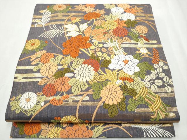 平和屋着物●六通柄袋帯　唐織　エ霞花文　金糸　正絹　逸品　CABA4823hy