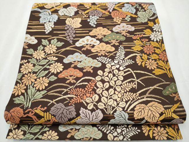 平和屋着物●六通柄袋帯　唐織錦　葡萄秋草文様　金糸　正絹　逸品　CABA4824hy