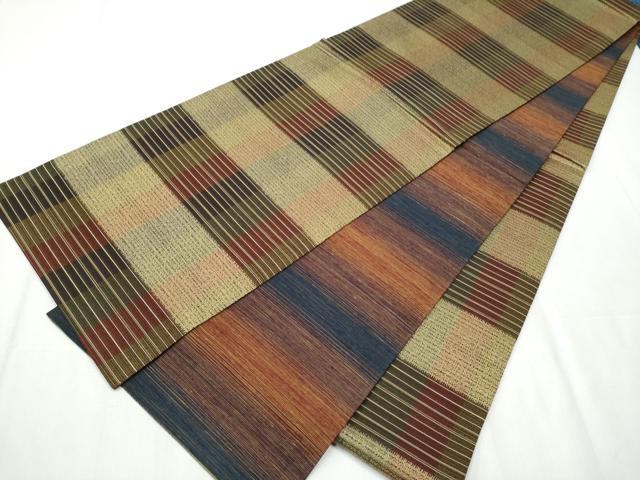 平和屋着物●両面　全通柄袋帯　紬地　横段文　正絹　逸品　CABA4828hy