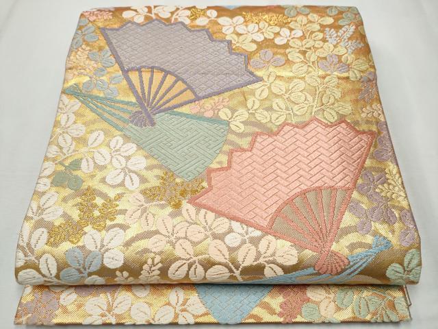 平和屋着物●銀座きしや　佐賀錦　六通柄袋帯　唐織　扇面萩文　金糸　正絹　逸品　CABA4836hy