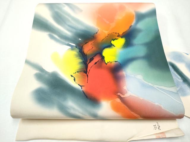 平和屋着物●塩瀬　九寸名古屋帯　作家物　手描き　抽象文　正絹　逸品　CABA4870hy