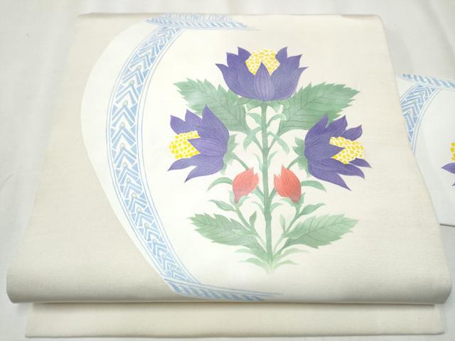 平和屋着物●塩瀬　九寸名古屋帯　陶器花文　銀彩　正絹　逸品　CABA4880hy