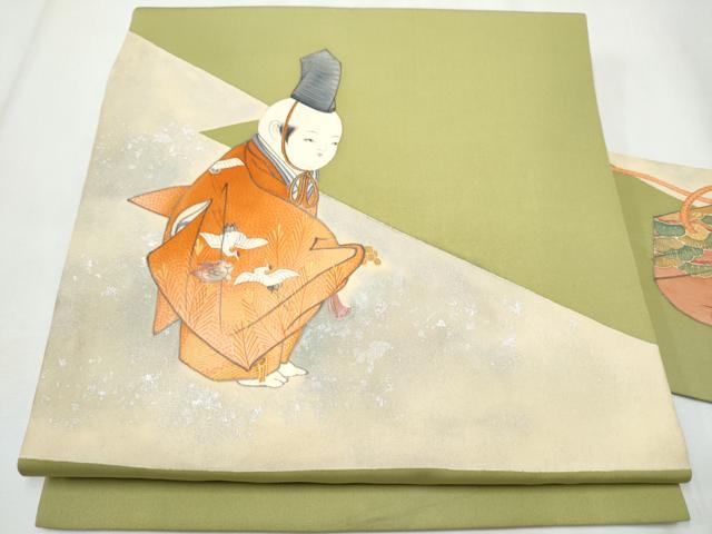 平和屋着物●塩瀬　九寸名古屋帯　手描き　人物文　金銀彩　正絹　逸品　CABA4885hy